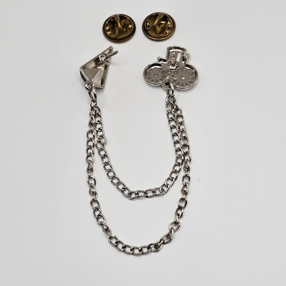 Vintage Sweater Clip Pin Brooch Tie Tack Stagecoach Silvertone Blue Rhinestone - Picture 3 of 5